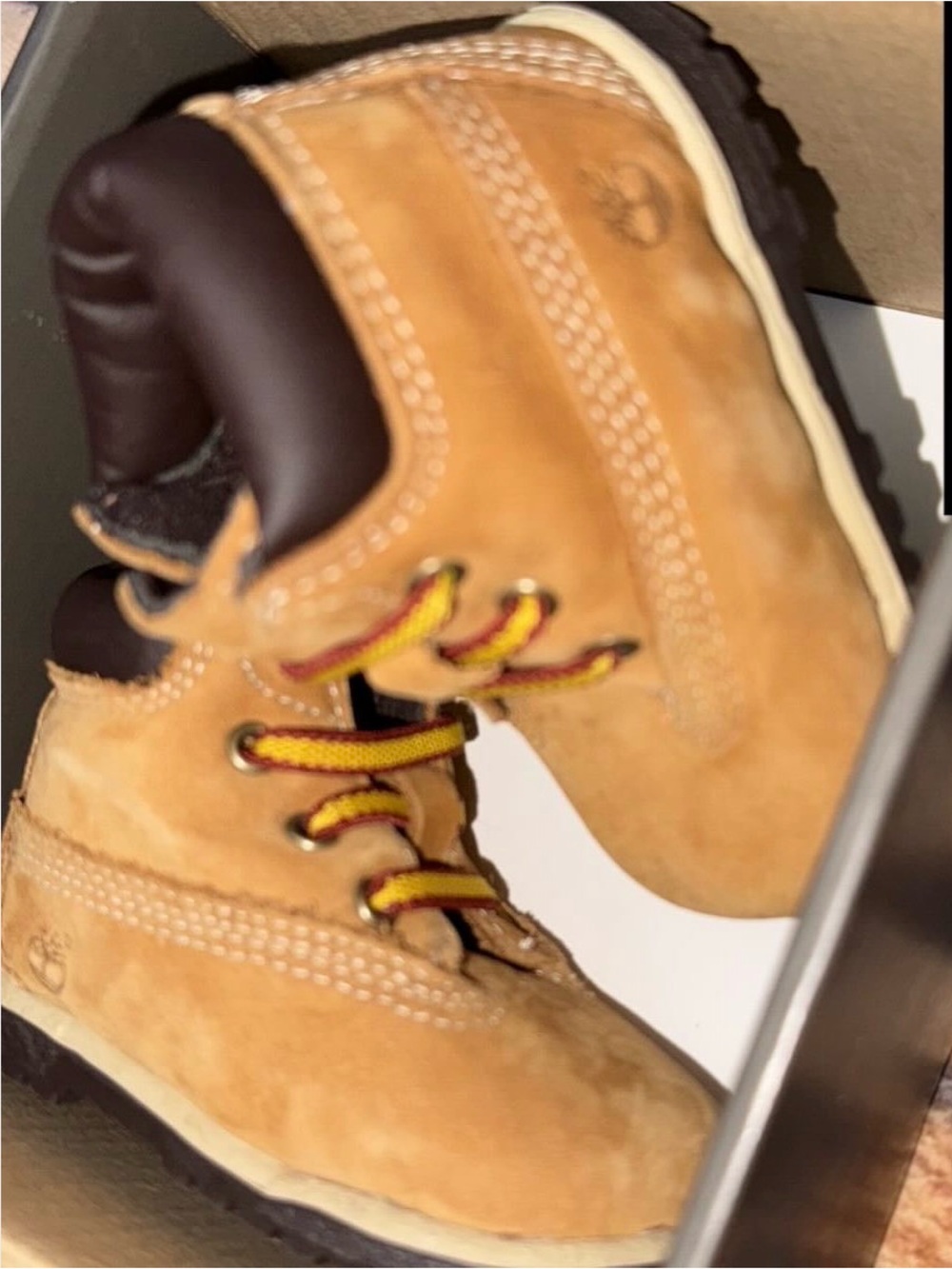 Timberland Kids Tan Nubuck Boots with Brown Collar and Yellow-Red Laces